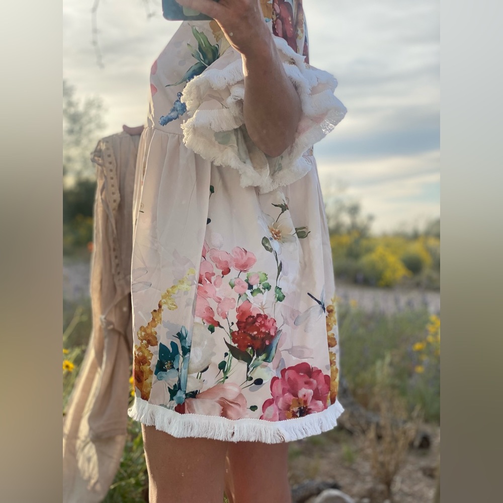 Vintage Watercolor Effect Fringe Sleeves Boho Frock Smock Coverup Retro Moo Moo!